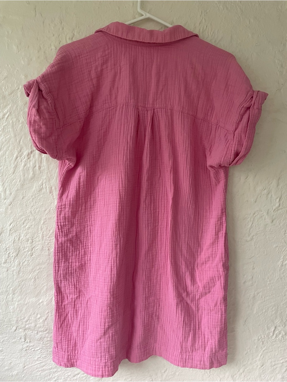 J Crew pink cotton gauze popover short-sleeve shirt dress, v-neck, pockets; M - Picture 5 of 6